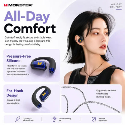Monster Open Ear Wireless Audio Earbuds - Bluetooth 6.0 Headset with Ear Hooks, Detachable Neckband, 100H Playtime, ENC Calls, Low Latency, Noise Reduction, Secure Comfortable Fit for Running, Gym, Daily Use - Stable Connection - Tiktokshopbacktoschool