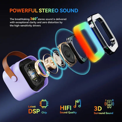Portable Mini Karaoke Machine with 2 Wireless Microphones, Rechargeable Bluetooth Speaker with LED Lights, Portable Karaoke System for Family Gatherings, Birthday Party, Kids Gift Ages 3-14