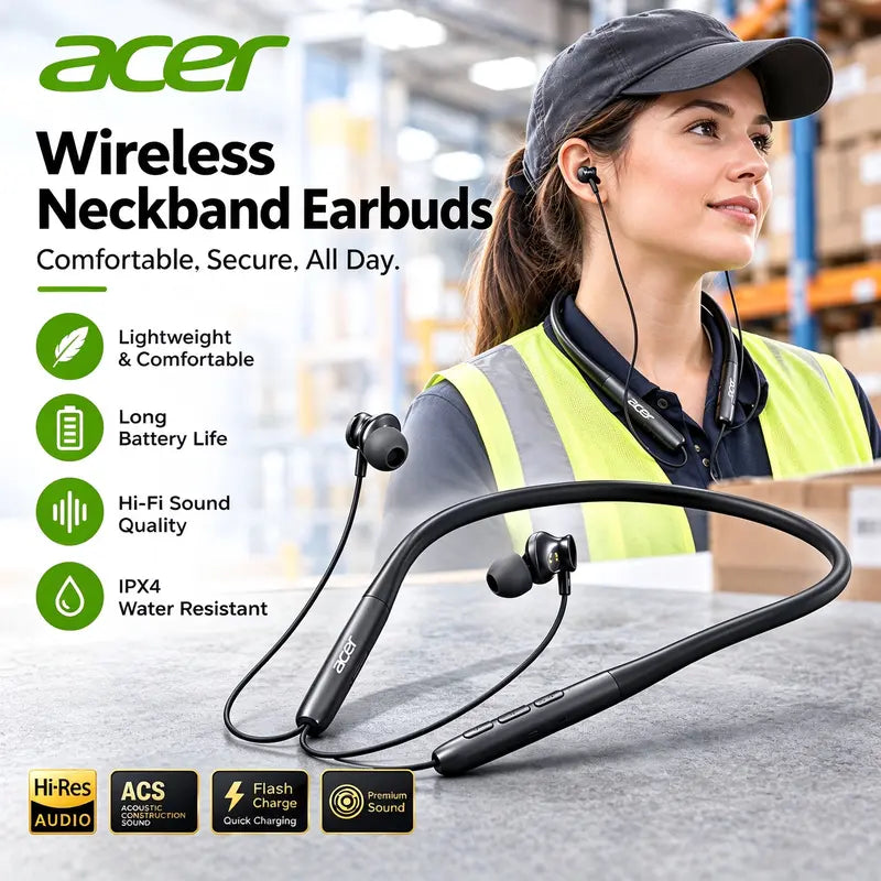 Acer OHR658 Waterproof Neckband Bluetooth Headphones - In-Ear ANC Wireless Earbuds with 48-Hour Playtime, Sound Isolation, Silicone Memory Foam Fit, and Hands-Free Calling for Sports and Fitness