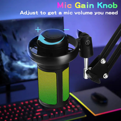 Kingsom USB Condenser Gaming Microphone Set - Adjustable Boom Arm, Pop Filter, Shock Mount, Gradient RGB Lighting, Quick Mute, Gain Control, High-Quality Audio, Noise Reduction, Cable for PC Gamers & Creators, Podcasting, Streaming