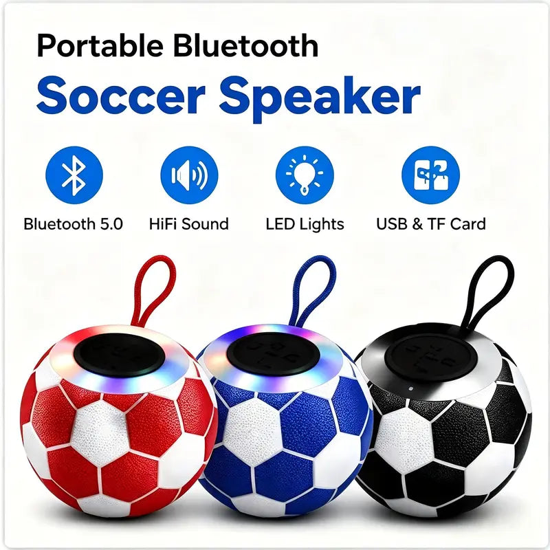 Soccer-Shaped Bluetooth 5.0 Wireless Stereo Speaker - 5W LED Light, ABS Body, 4.72In Diameter, Crystal Hi-Res Audio, 20Khz Bass, USB/TF Connectivity, up to 6H Battery Life, Smartphone Compatible, Compact Desktop Gift (Black, Colorful) for Outdoor Use