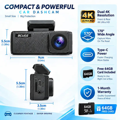 BCUOZ 4K Dual Dash Cam with WiFi App, Starvis 2 Night Vision, 170° Coverage, 24-Hour Parking Monitoring, Collision Detection, and One-Key Plug-In Charger – Ideal Automotive Camera for Trucks and Cars, Perfect Gift for Halloween and Christmas