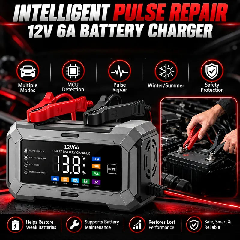 12V 6A Rectangular Multi-Vehicle Smart Pulse Repair Battery Charger & Maintainer, US Plug, LCD Display, Trickle Charge & Desulfation for Car, Marine Lead-Acid Batteries,Techvibes