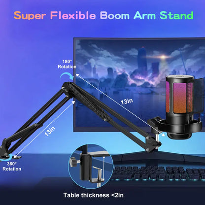 Kingsom USB Condenser Gaming Microphone Set - Adjustable Boom Arm, Pop Filter, Shock Mount, Gradient RGB Lighting, Quick Mute, Gain Control, High-Quality Audio, Noise Reduction, Cable for PC Gamers & Creators, Podcasting, Streaming