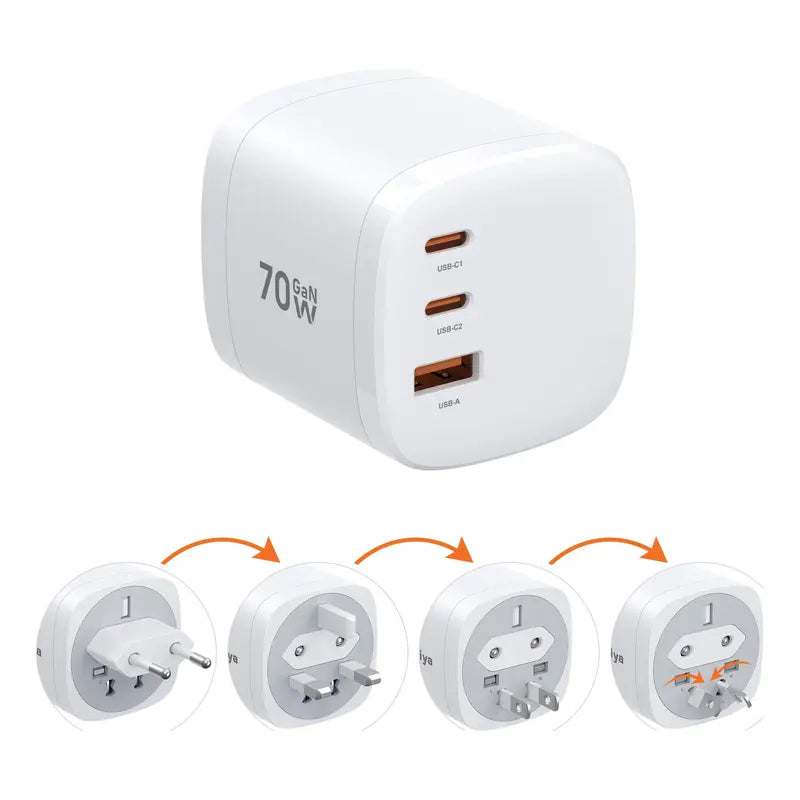 Mukiya 70W GaN Universal Travel Adapter with PD Wall Charger - 360° Rotating International Plug for US/EU/UK/AU, Ideal for MacBook Pro/Air/Neo, iPhone 18/17, Galaxy S26/S25, iPad, and Steam Deck