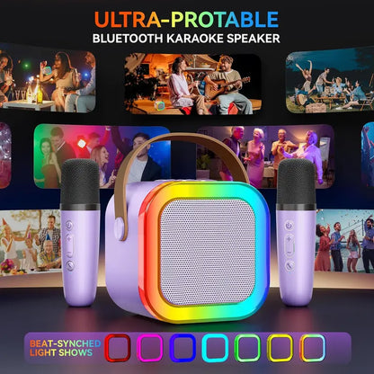 Portable Mini Karaoke Machine with 2 Wireless Microphones, Rechargeable Bluetooth Speaker with LED Lights, Portable Karaoke System for Family Gatherings, Birthday Party, Kids Gift Ages 3-14