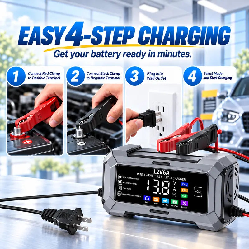 12V 6A Rectangular Multi-Vehicle Smart Pulse Repair Battery Charger & Maintainer, US Plug, LCD Display, Trickle Charge & Desulfation for Car, Marine Lead-Acid Batteries,Techvibes