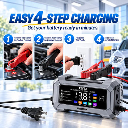 12V 6A Rectangular Multi-Vehicle Smart Pulse Repair Battery Charger & Maintainer, US Plug, LCD Display, Trickle Charge & Desulfation for Car, Marine Lead-Acid Batteries,Techvibes