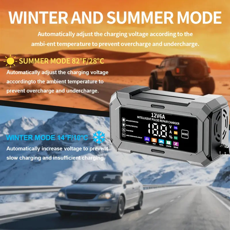 12V 6A Rectangular Multi-Vehicle Smart Pulse Repair Battery Charger & Maintainer, US Plug, LCD Display, Trickle Charge & Desulfation for Car, Marine Lead-Acid Batteries,Techvibes