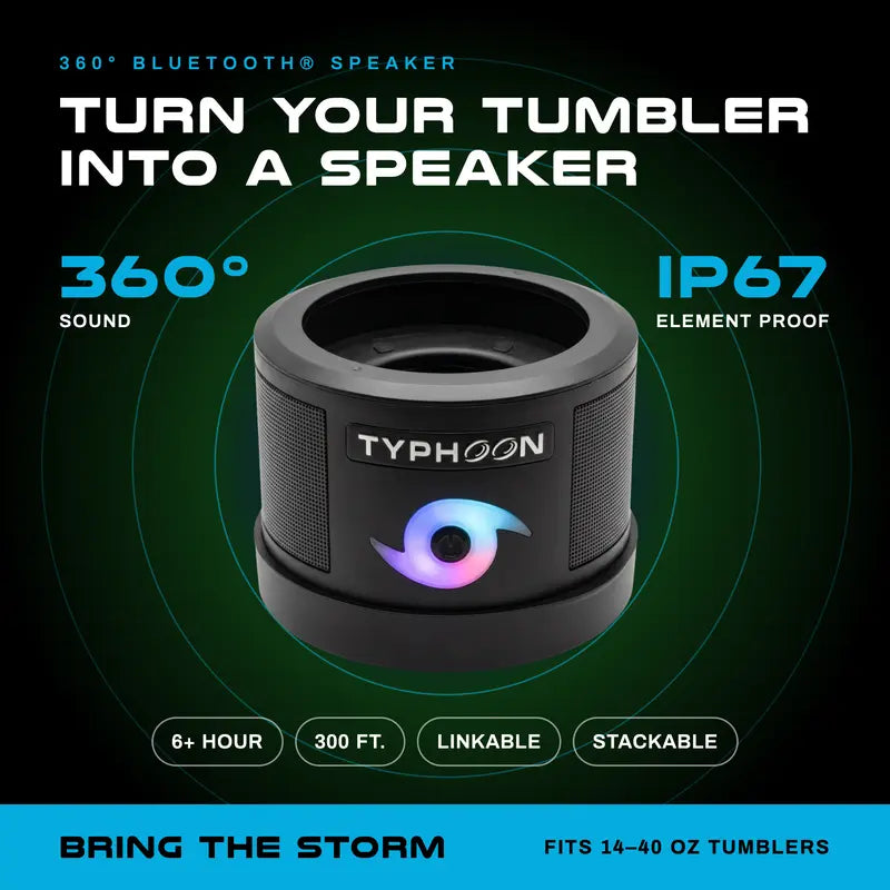 TYPHOON Tumbler Speaker, Portable Bluetooth 5.0 Wireless Speaker, IPX67 Waterproof, Dual 4W Drivers, 6-8H Playtime, USB-C Rechargeable, LED Light, Built-In Mic, TWS Stereo Pairing, Black & White