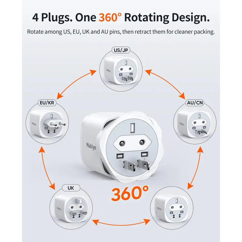 Mukiya 70W GaN Universal Travel Adapter with PD Wall Charger - 360° Rotating International Plug for US/EU/UK/AU, Ideal for MacBook Pro/Air/Neo, iPhone 18/17, Galaxy S26/S25, iPad, and Steam Deck
