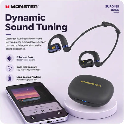 Monster Open Ear Wireless Audio Earbuds - Bluetooth 6.0 Headset with Ear Hooks, Detachable Neckband, 100H Playtime, ENC Calls, Low Latency, Noise Reduction, Secure Comfortable Fit for Running, Gym, Daily Use - Stable Connection - Tiktokshopbacktoschool