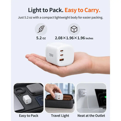 Mukiya 70W GaN Universal Travel Adapter with PD Wall Charger - 360° Rotating International Plug for US/EU/UK/AU, Ideal for MacBook Pro/Air/Neo, iPhone 18/17, Galaxy S26/S25, iPad, and Steam Deck