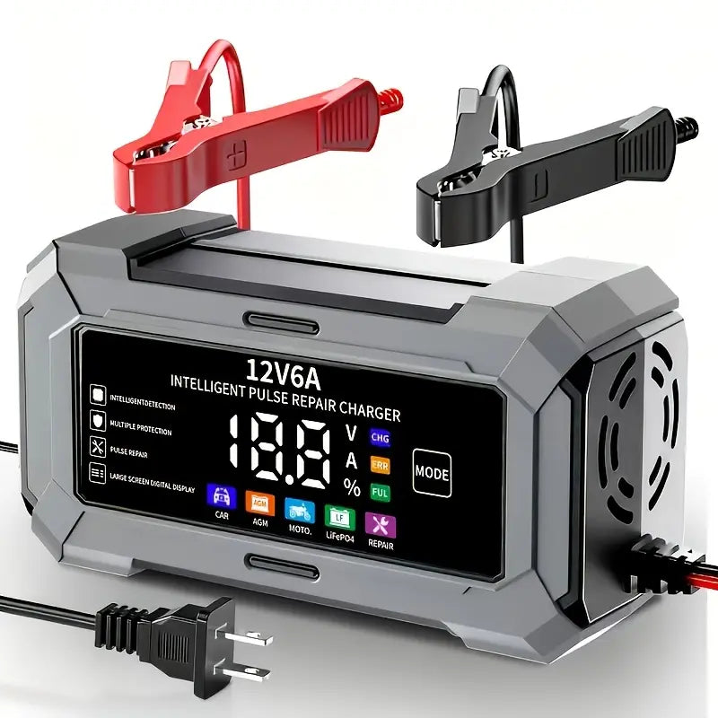 12V 6A Rectangular Multi-Vehicle Smart Pulse Repair Battery Charger & Maintainer, US Plug, LCD Display, Trickle Charge & Desulfation for Car, Marine Lead-Acid Batteries,Techvibes