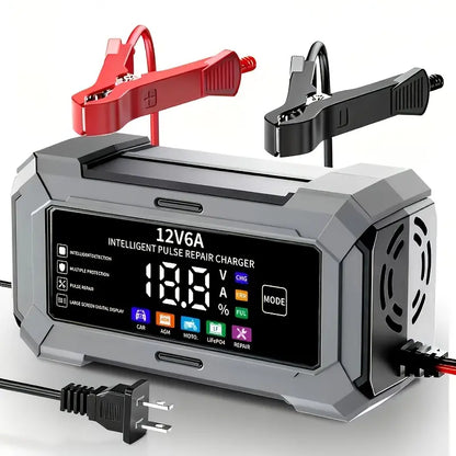 12V 6A Rectangular Multi-Vehicle Smart Pulse Repair Battery Charger & Maintainer, US Plug, LCD Display, Trickle Charge & Desulfation for Car, Marine Lead-Acid Batteries,Techvibes