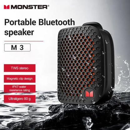 MONSTER M3 Mini Bluetooth Speaker - Compact Magnetic Clip-On Wearable, TWS Stereo Sound, Enhanced Cleaning, IPX7 Rechargeable Magnetic Waterproof, 80G Lightweight Portable No-Cable for Outdoor Activities, Tiktokshopbacktoschool, Bluetooth Speakers, Magnet