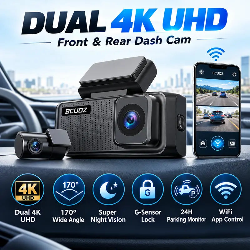 BCUOZ 4K Dual Dash Cam with WiFi App, Starvis 2 Night Vision, 170° Coverage, 24-Hour Parking Monitoring, Collision Detection, and One-Key Plug-In Charger – Ideal Automotive Camera for Trucks and Cars, Perfect Gift for Halloween and Christmas