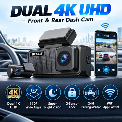 BCUOZ 4K Dual Dash Cam with WiFi App, Starvis 2 Night Vision, 170° Coverage, 24-Hour Parking Monitoring, Collision Detection, and One-Key Plug-In Charger – Ideal Automotive Camera for Trucks and Cars, Perfect Gift for Halloween and Christmas