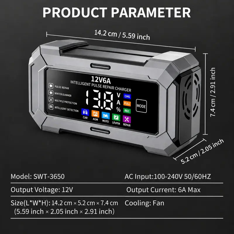 12V 6A Rectangular Multi-Vehicle Smart Pulse Repair Battery Charger & Maintainer, US Plug, LCD Display, Trickle Charge & Desulfation for Car, Marine Lead-Acid Batteries,Techvibes