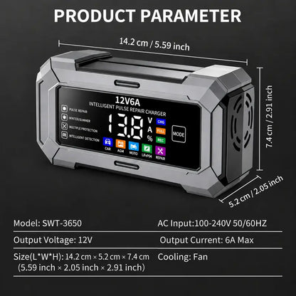 12V 6A Rectangular Multi-Vehicle Smart Pulse Repair Battery Charger & Maintainer, US Plug, LCD Display, Trickle Charge & Desulfation for Car, Marine Lead-Acid Batteries,Techvibes