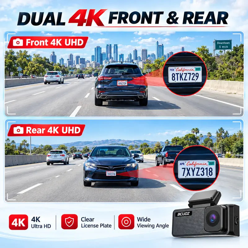 BCUOZ 4K Dual Dash Cam with WiFi App, Starvis 2 Night Vision, 170° Coverage, 24-Hour Parking Monitoring, Collision Detection, and One-Key Plug-In Charger – Ideal Automotive Camera for Trucks and Cars, Perfect Gift for Halloween and Christmas