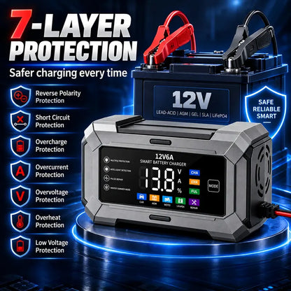 12V 6A Rectangular Multi-Vehicle Smart Pulse Repair Battery Charger & Maintainer, US Plug, LCD Display, Trickle Charge & Desulfation for Car, Marine Lead-Acid Batteries,Techvibes
