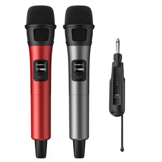 Aveek Dual Wireless Microphone System - 2-Pack Rechargeable Handheld Mics with Receiver, Adapter, Audio Cable, Charging Equipment, Foldable Protection, 262FT Range, 40H Battery Life, <2Ms Low Latency, Ideal for Karaoke and Weddings