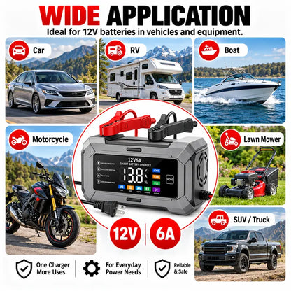 12V 6A Rectangular Multi-Vehicle Smart Pulse Repair Battery Charger & Maintainer, US Plug, LCD Display, Trickle Charge & Desulfation for Car, Marine Lead-Acid Batteries,Techvibes