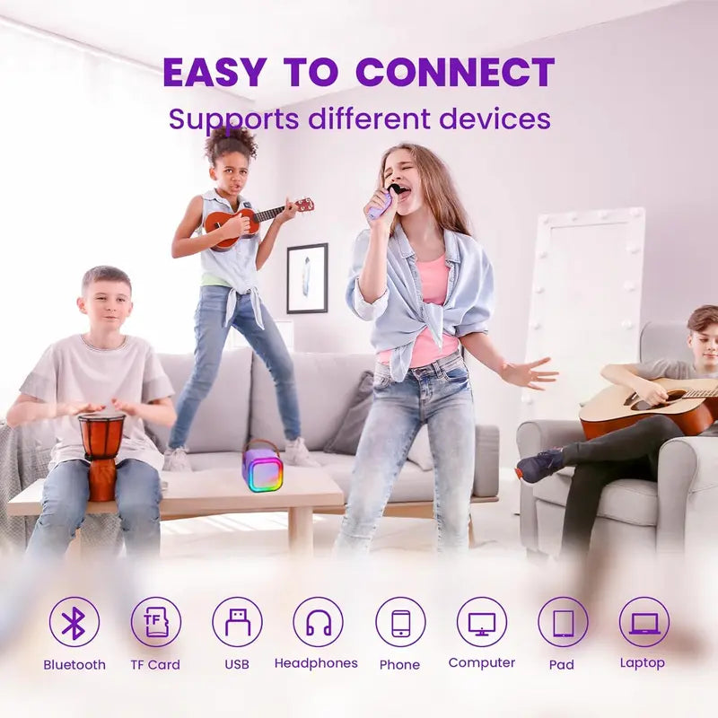 Portable Mini Karaoke Machine with 2 Wireless Microphones, Rechargeable Bluetooth Speaker with LED Lights, Portable Karaoke System for Family Gatherings, Birthday Party, Kids Gift Ages 3-14