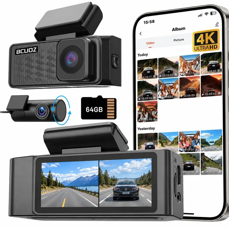 BCUOZ 4K Dual Dash Cam with WiFi App, Starvis 2 Night Vision, 170° Coverage, 24-Hour Parking Monitoring, Collision Detection, and One-Key Plug-In Charger – Ideal Automotive Camera for Trucks and Cars, Perfect Gift for Halloween and Christmas
