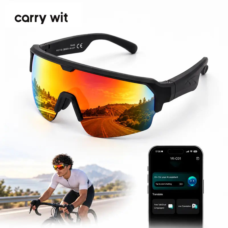 CARRY WIT Bluetooth 5.4 Smart Glasses Sunglasses - Wireless Audio Eyewear, Portable Control Smart Glasses with Open-Ear Sound, Music Playback, Hands-Free Calls, Sport Pro Orange for Cycling, Outdoor Use (Cool Gadgets to Buy)
