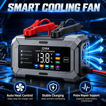 12V 6A Rectangular Multi-Vehicle Smart Pulse Repair Battery Charger & Maintainer, US Plug, LCD Display, Trickle Charge & Desulfation for Car, Marine Lead-Acid Batteries,Techvibes