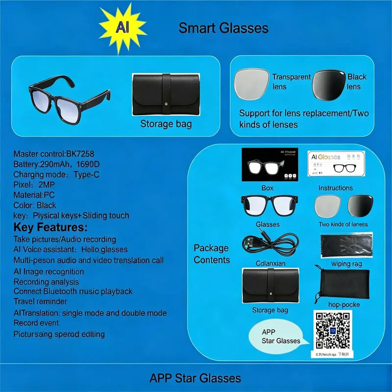 UYD-AI Glasses,Smart Vision,Driving, Travel - Multiple Languages AI Translation with Chat GPT, HD Voice