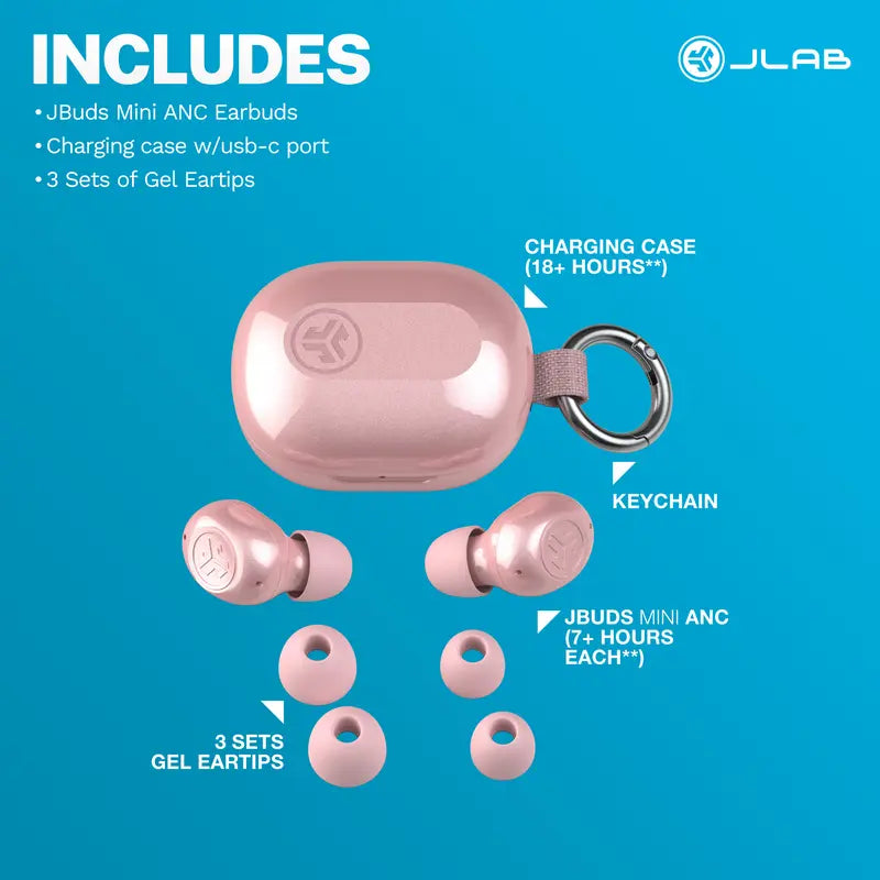 JLab JBuds Mini ANC True Wireless Earbuds with Active Noise Cancelling, Spatial Audio, Bluetooth 6, IP55 Water Resistance, and Find My Integration for iOS and Android
