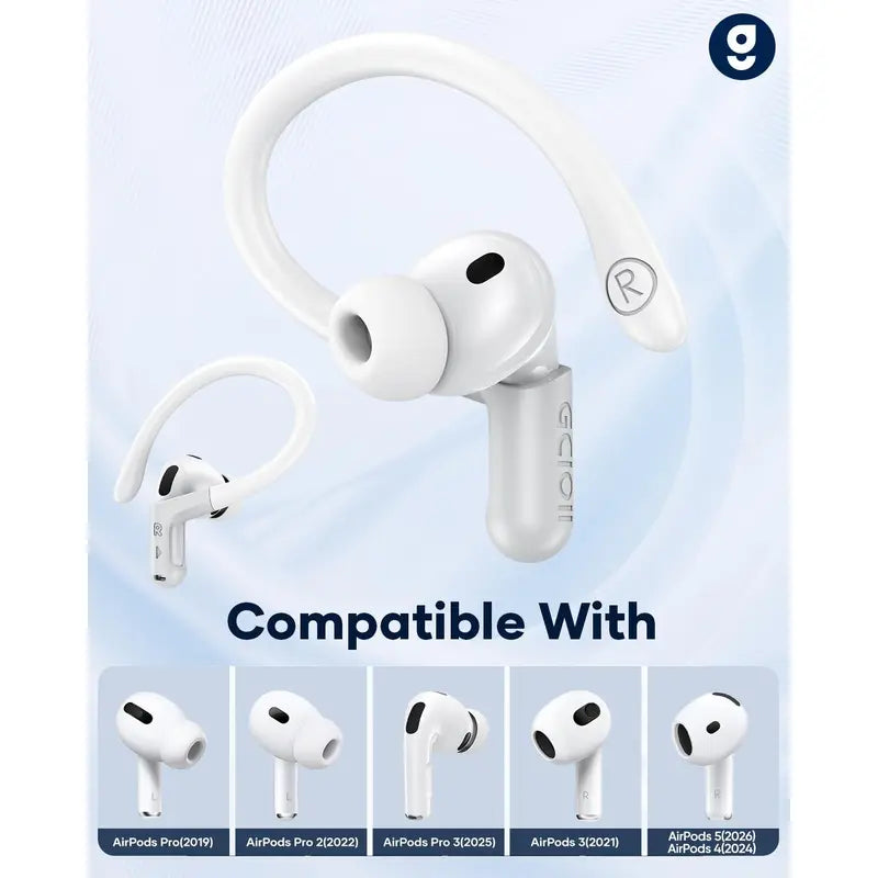Gcioii Soft Silicone Ear Hooks with Anti-Lost Lanyard for Airpods Pro 1/2/3 & Airpods 3/4/5 - Durable, Adjustable, Sweat-Proof, Anti-Slip Sport Grip Audio Headphone Accessories, Comfortable Secure Fit, Quick Install, Gcioii Guarantee (White, Upgraded)