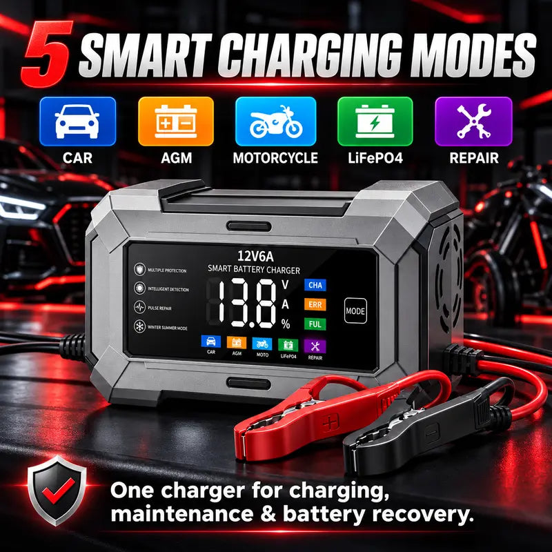 12V 6A Rectangular Multi-Vehicle Smart Pulse Repair Battery Charger & Maintainer, US Plug, LCD Display, Trickle Charge & Desulfation for Car, Marine Lead-Acid Batteries,Techvibes