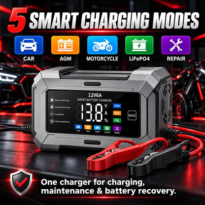 12V 6A Rectangular Multi-Vehicle Smart Pulse Repair Battery Charger & Maintainer, US Plug, LCD Display, Trickle Charge & Desulfation for Car, Marine Lead-Acid Batteries,Techvibes