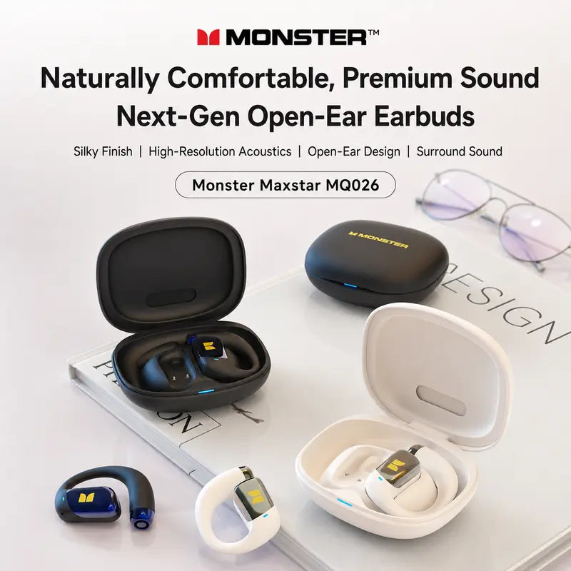 Monster Open Ear Wireless Audio Earbuds - Bluetooth 6.0 Headset with Ear Hooks, Detachable Neckband, 100H Playtime, ENC Calls, Low Latency, Noise Reduction, Secure Comfortable Fit for Running, Gym, Daily Use - Stable Connection - Tiktokshopbacktoschool